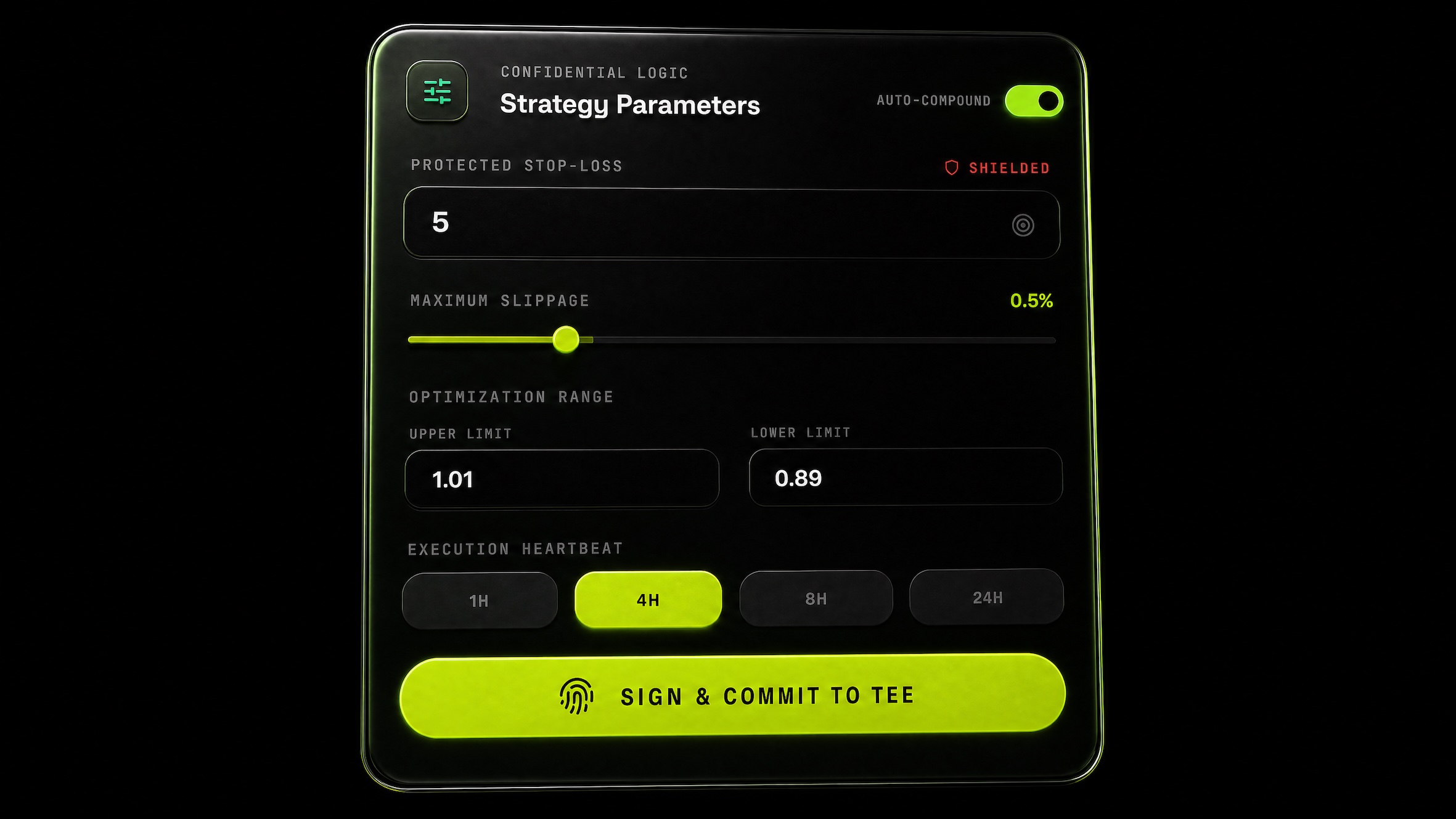 YieldSense Strategy Parameters interface, Sign and Commit to TEE