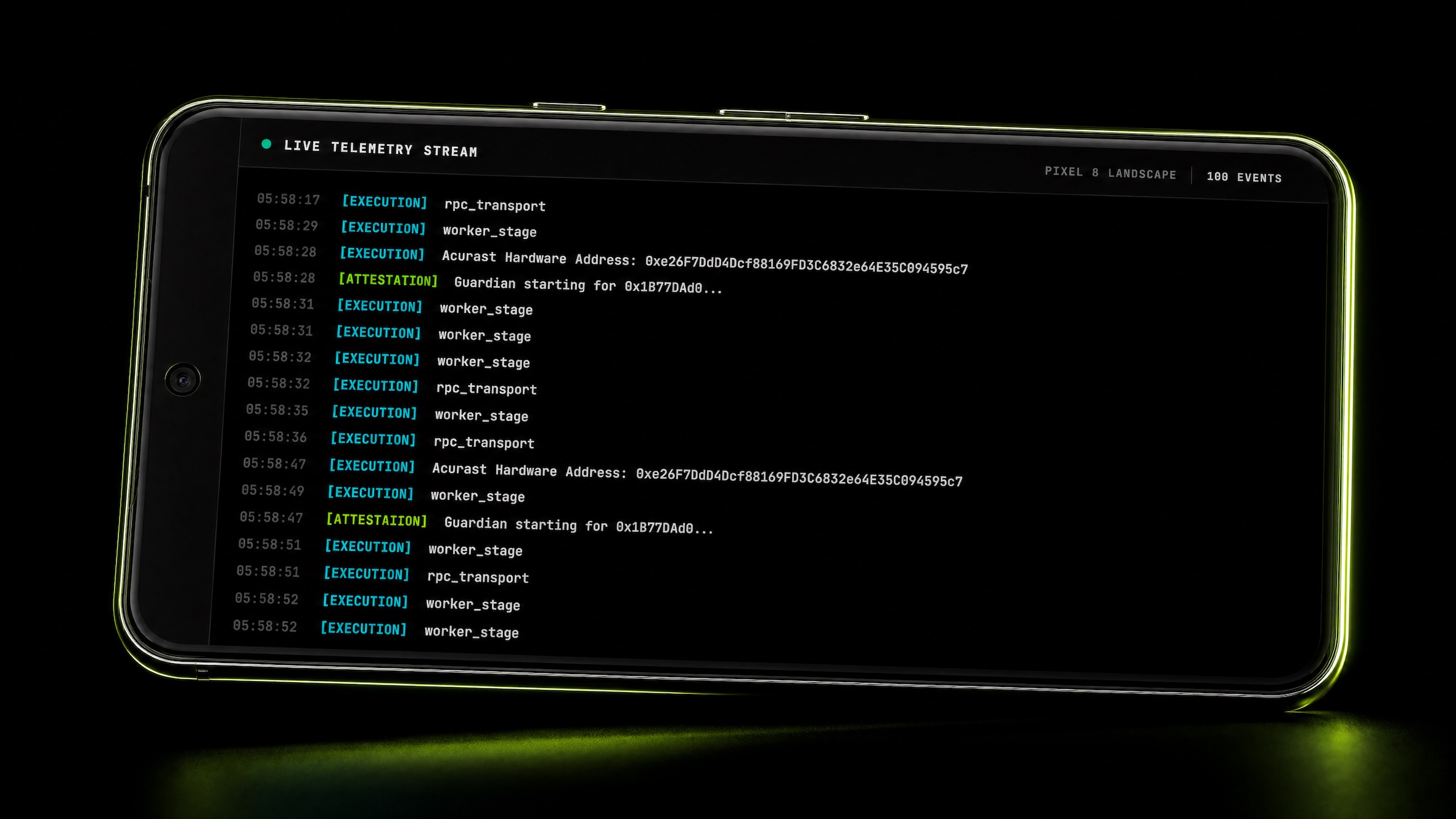 YieldSense Live Telemetry Stream showing hardware-attested execution and attestation events