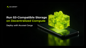 Glowing lime-green storage crates stacked above a smartphone, illustrating Garage S3-compatible object storage deployed on the Acurast decentralized compute network with Cargo
