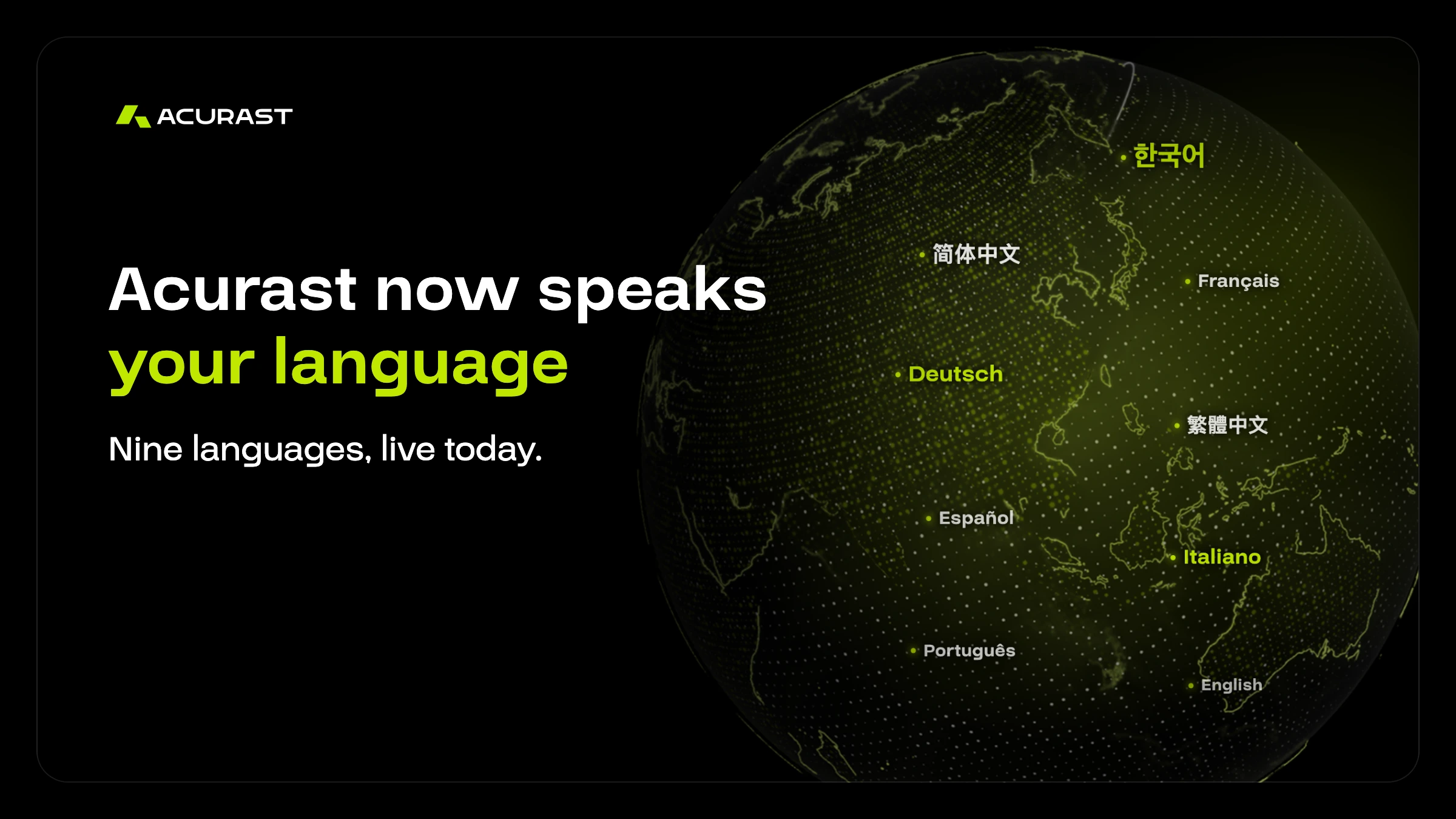 A lime wireframe globe on black, labelled with the nine languages Acurast supports: English, Français, Deutsch, Italiano, Español, Português, 简体中文, 繁體中文 and 한국어.