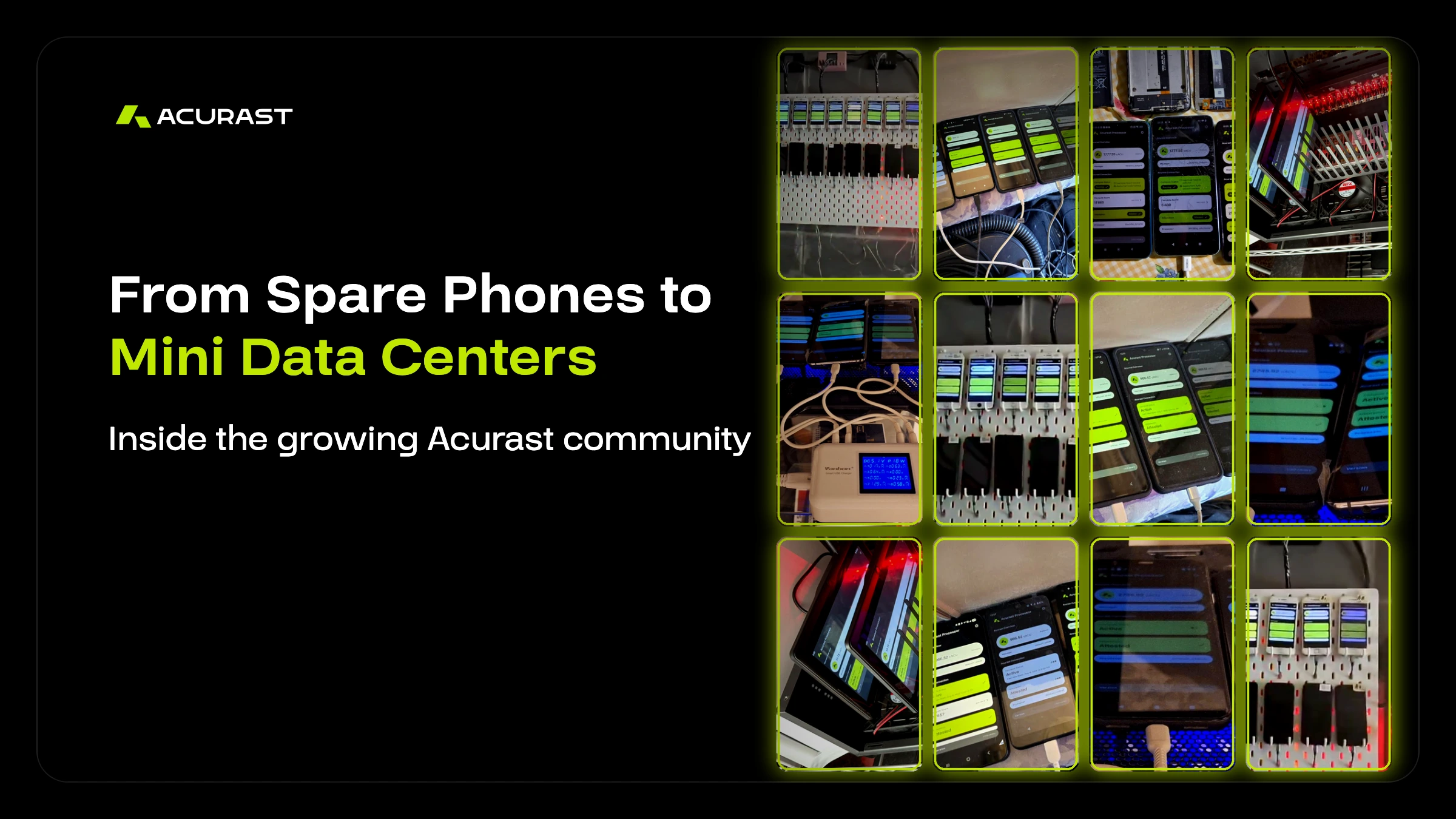 A mosaic of twelve real Acurast community phone farms: pegboard walls, charging racks, fan-cooled rigs and rows of smartphones running the Acurast Processor app