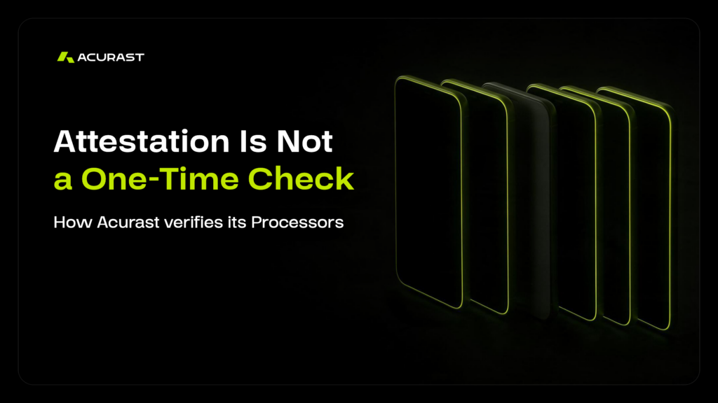 A row of six phones with glowing lime edges on black, one of them dark, beside the headline Attestation Is Not a One-Time Check.